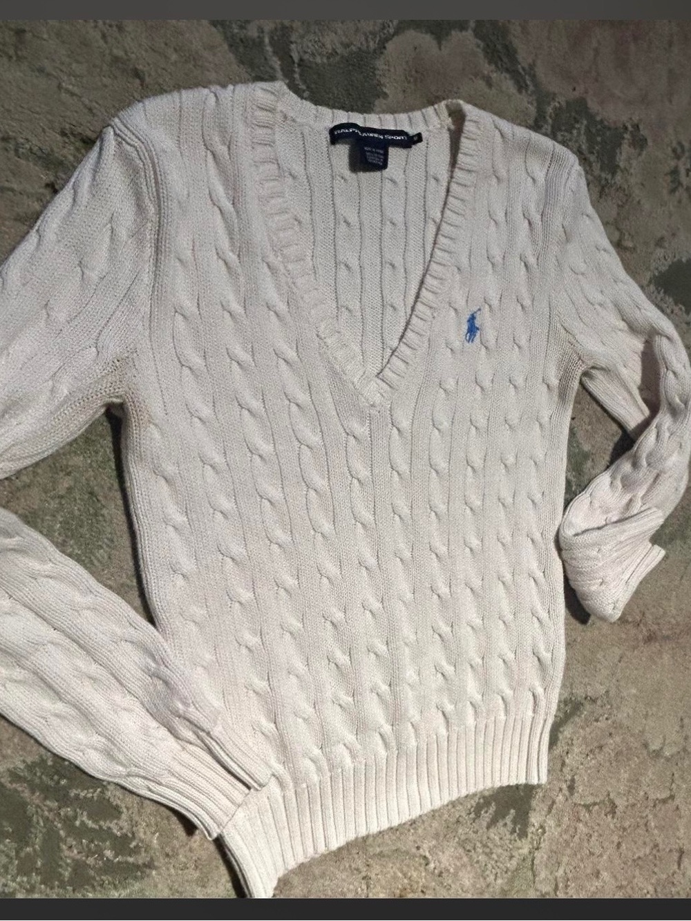 Polo by Ralph Lauren Cream Cable-Knit V-Neck Sweater with Blue Pony